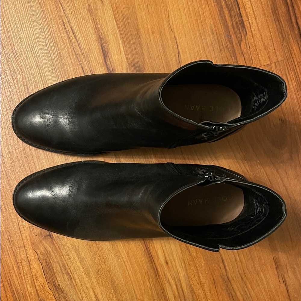 Cole Haan Black Leather Ankle Boots with Gold Buckle Detail - Picture 5 of 9